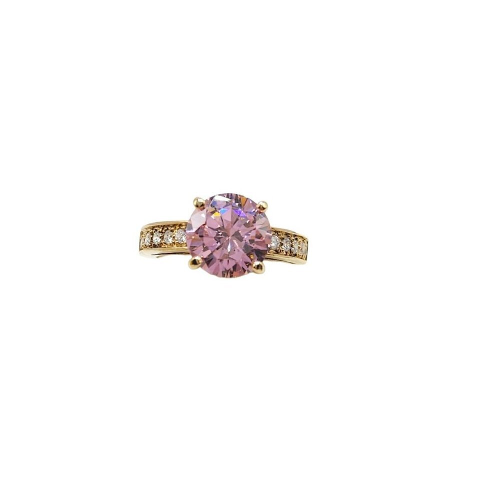 UNCAS Gold Vermeil Over Sterling Large Pink Rhinestone Solitaire Ring Size 7